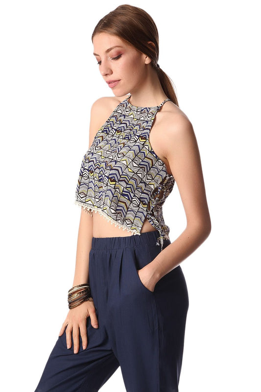 Blue printed crop top with lace up side detail | Just Cool Beans — shirts | tops