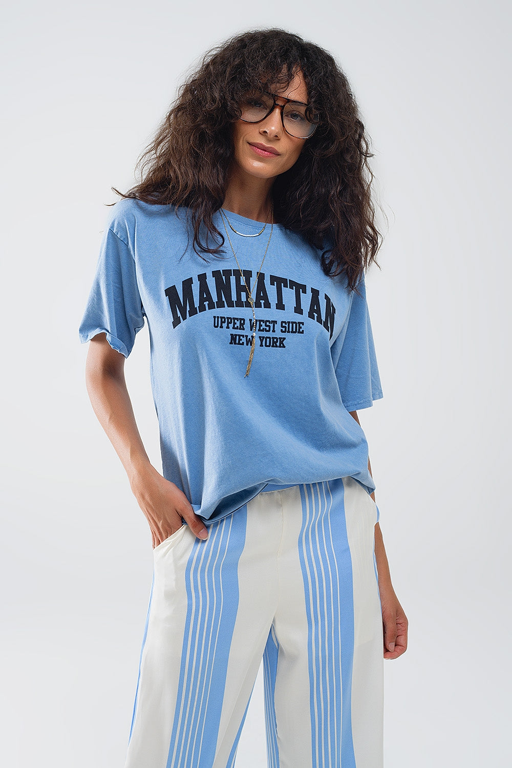 Blue relaxed t-shirt with manhattan text | Just Cool Beans — tops