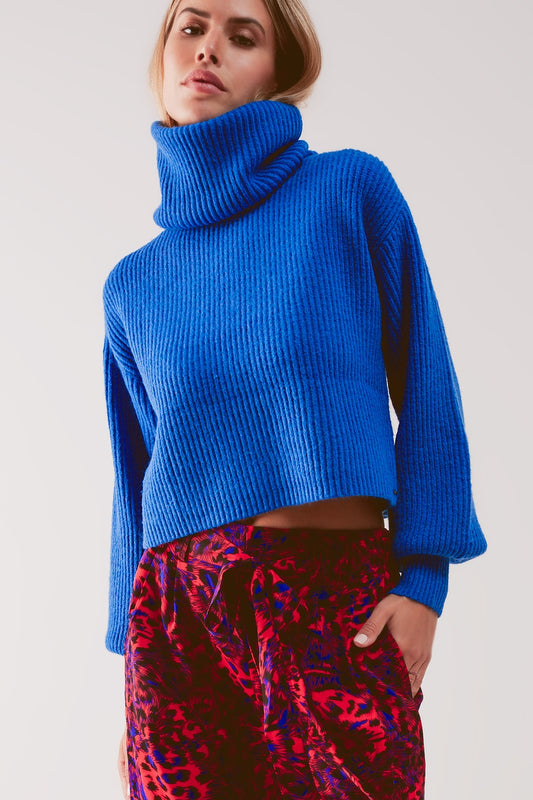 Blue ribbed knit turtleneck jumper with balloon sleeves | Just Cool Beans — sweaters | tops