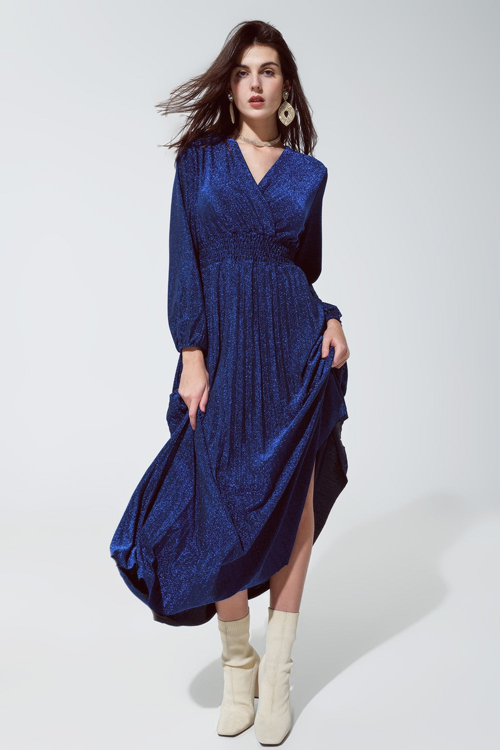 Blue shiny fitted high waist maxi dress with v neck | Just Cool Beans — dresses