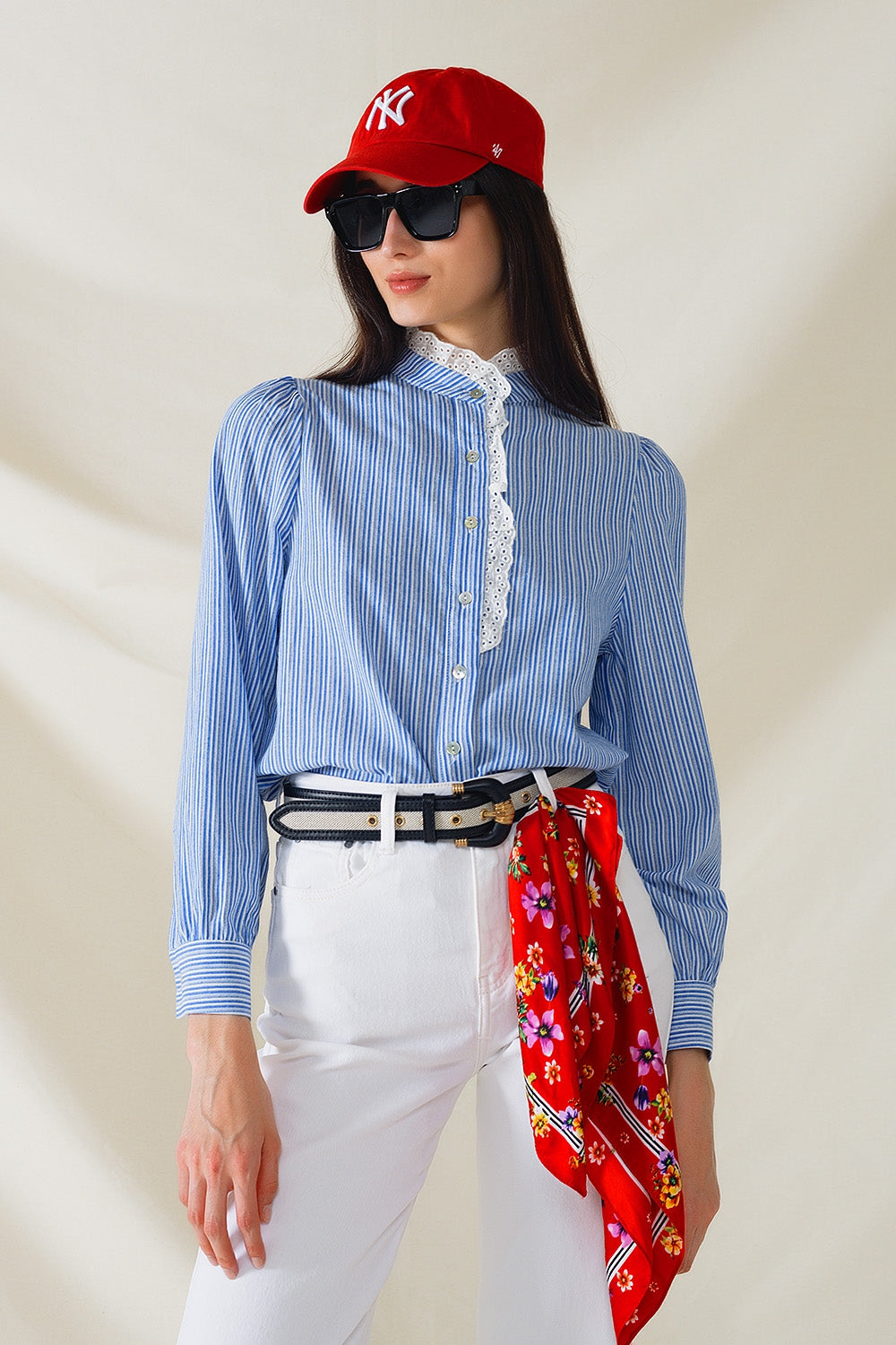Blue shirt with vertical white stripes with lace detail | Just Cool Beans — shirts | nan