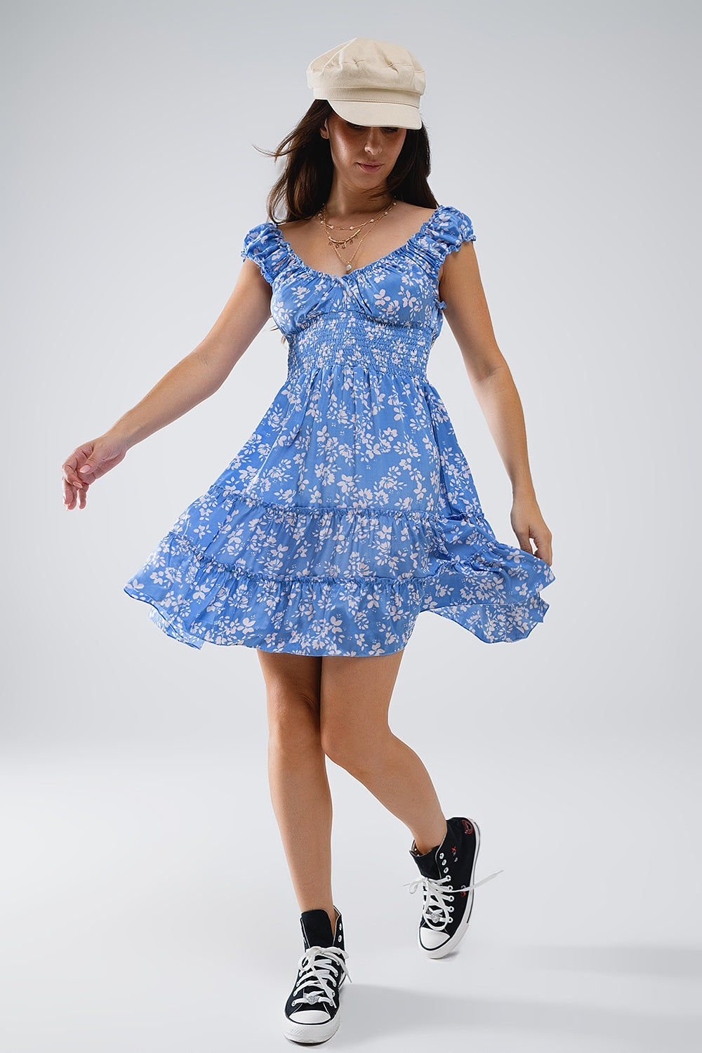 Blue short dress with white floral print and elastic waist | Just Cool Beans — dresses | bottoms