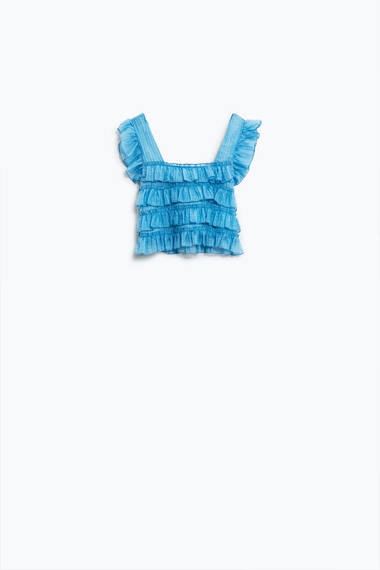 Blue sleeveless top with ruched design | Just Cool Beans — shirts | tops
