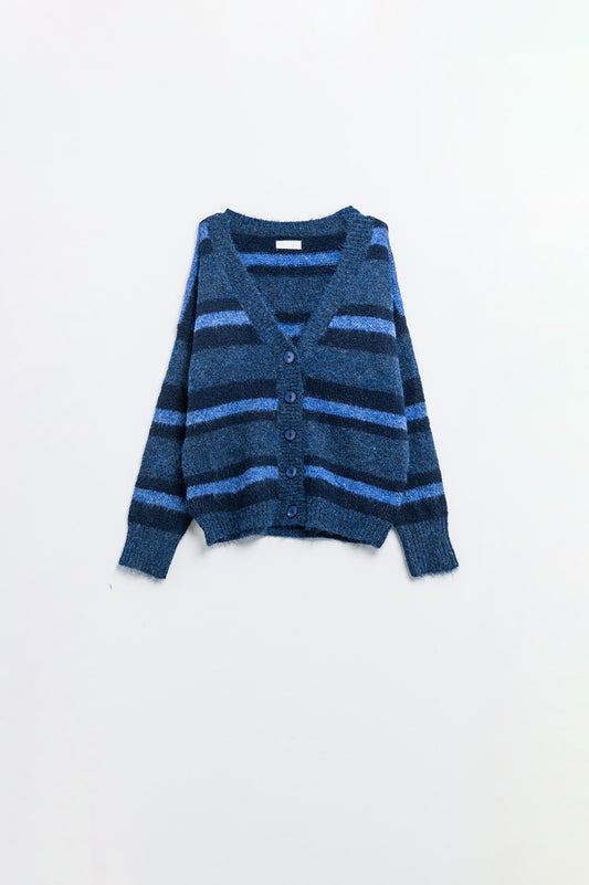 Blue striped fluffy cardigan | Just Cool Beans — sweaters | tops