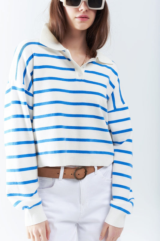 Blue striped soft knit polo | Just Cool Beans — sweaters | tops