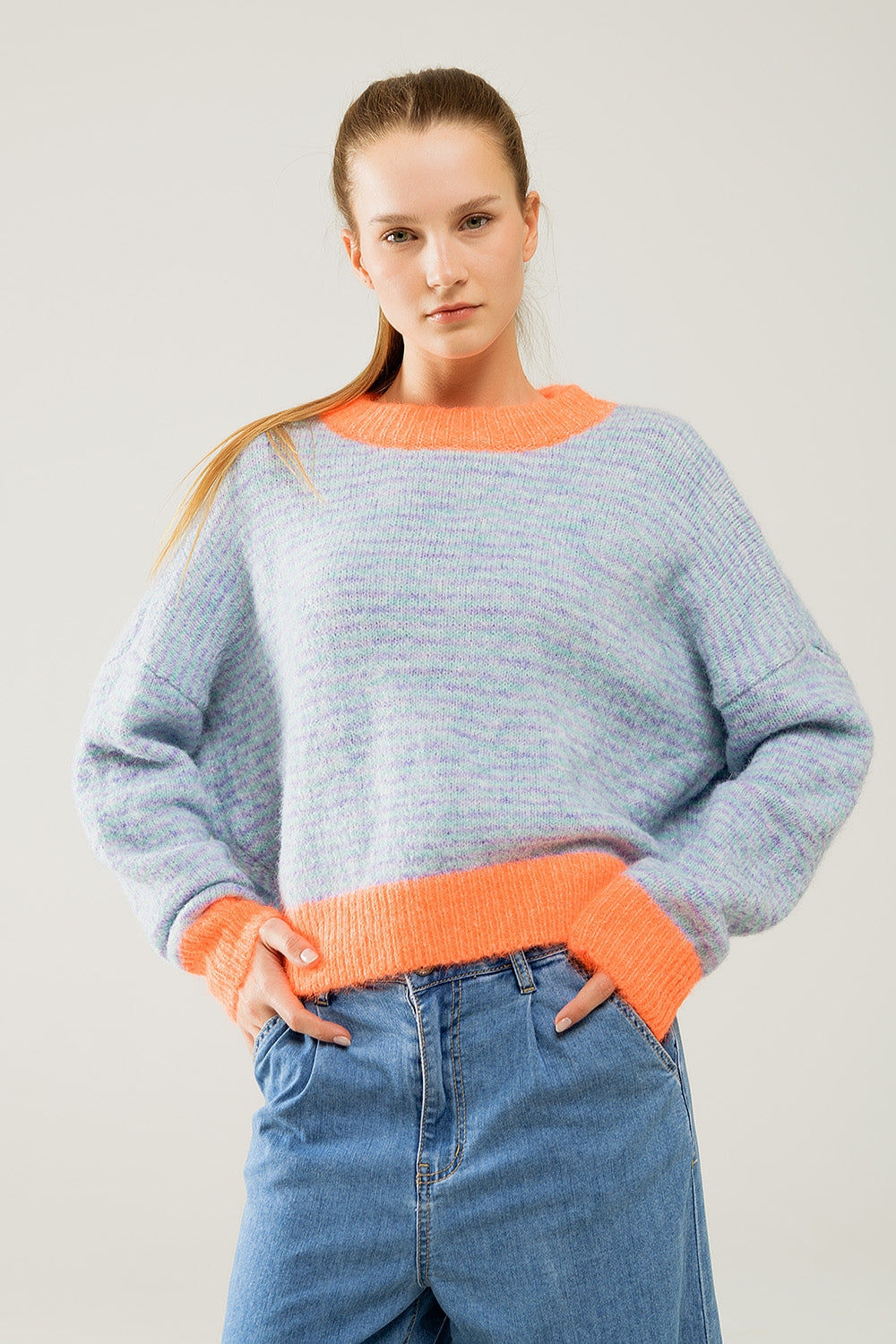 Oversized light blue/orange knit sweater | Just Cool Beans — sweaters | tops