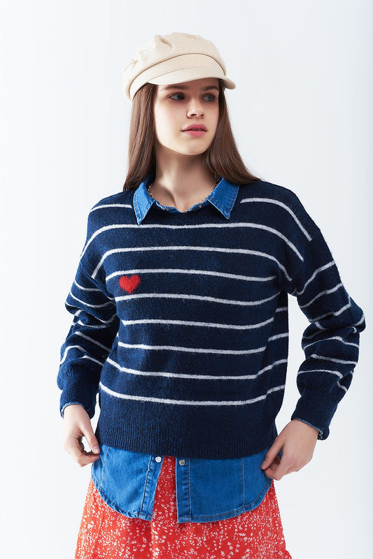 Blue striped sweater with red heart detail | Just Cool Beans — sweaters | tops