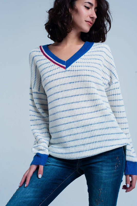 Blue striped sweater with v-neck | Just Cool Beans — sweaters | tops