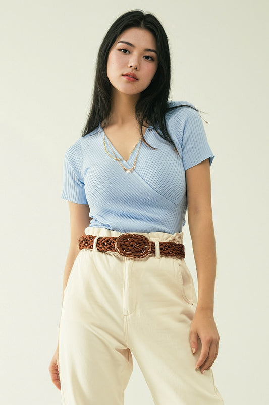 Blue sweater with crossed front and v-neck | Just Cool Beans — sweaters | tops