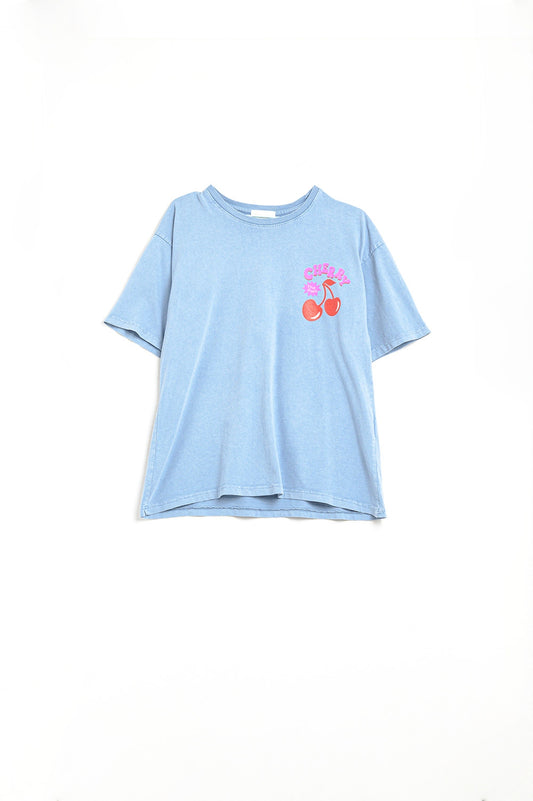 Blue t-shirt with cherry in logo and letters | Just Cool Beans — tops