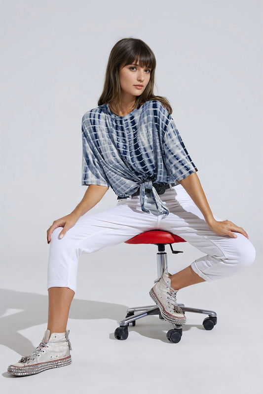 Blue tie dye printed t-shirt with knot on the front | Just Cool Beans — tops