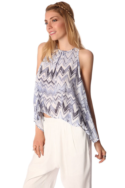 Blue top with dip back in zig zag print | Just Cool Beans — shirts | tops
