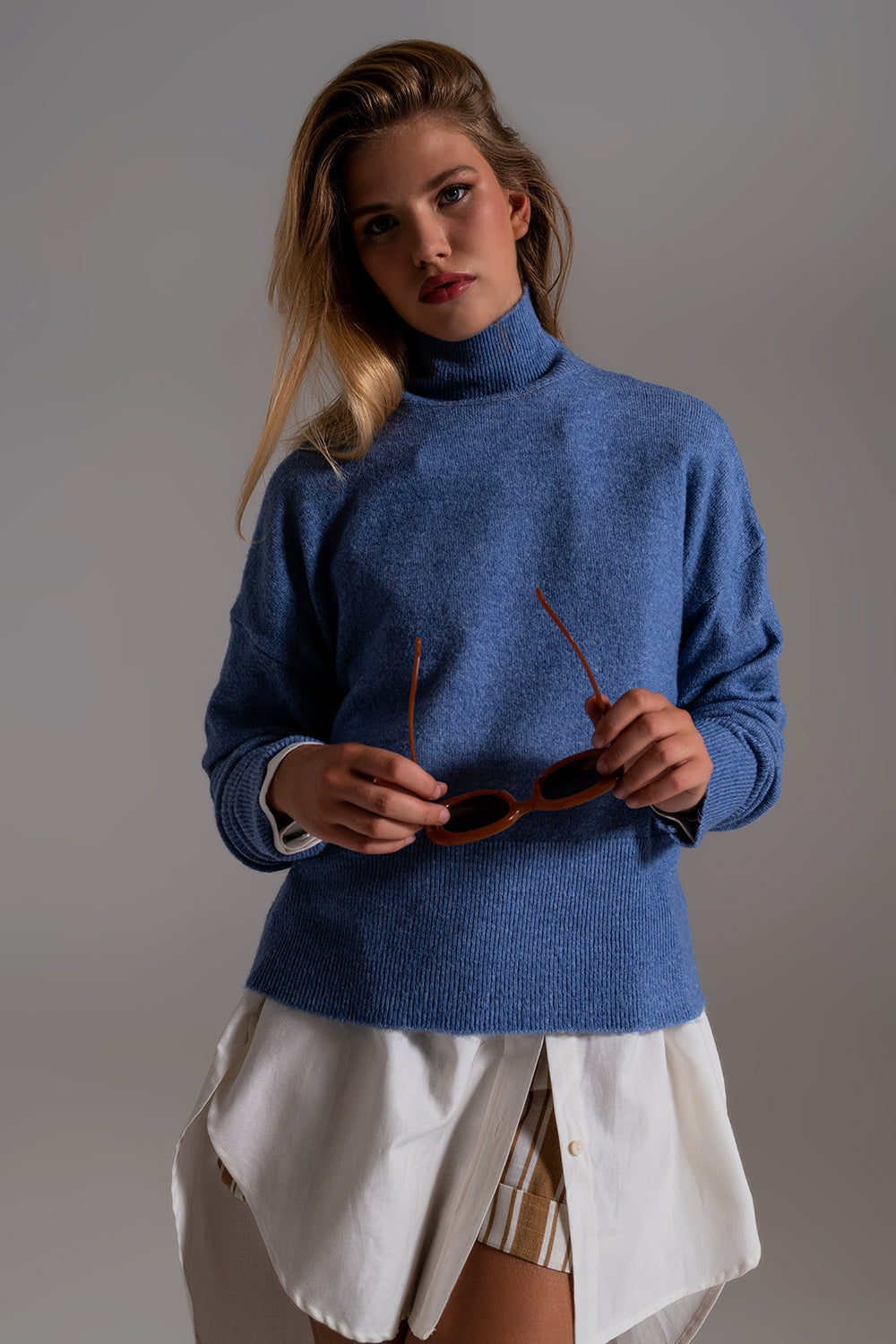 Blue turtleneck sweater in a soft knitted fabric | Just Cool Beans — sweaters | tops