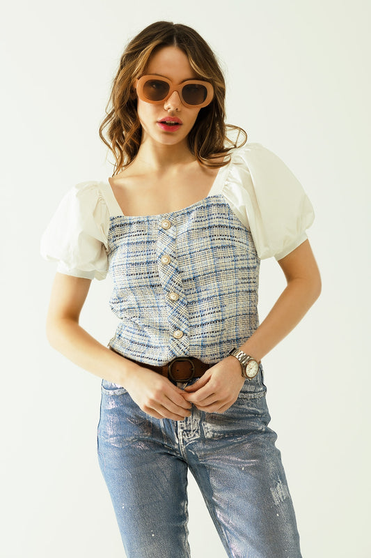 Blue tweed top with voluminous short sleeves and pearl buttons | Just Cool Beans — tops | bottoms