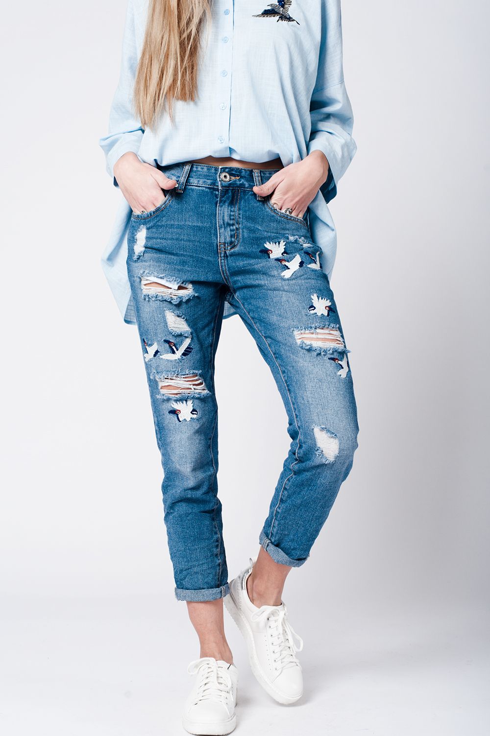 Blue wash mom jeans bird embroidery | Just Cool Beans — jeans | the denim shop