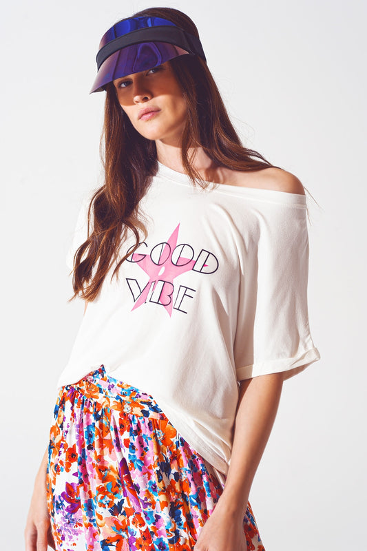 Boat neack t-shirt with good vibe text in white and pink | Just Cool Beans — tops