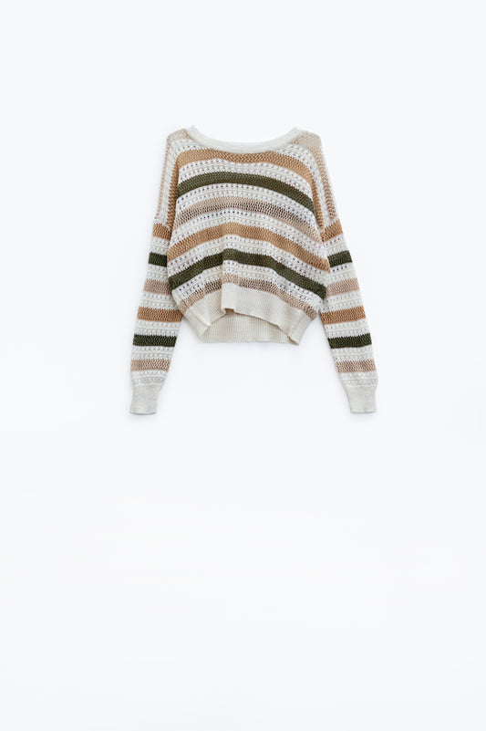 Boat neck long sleeve crochet white sweater with brown stripes | Just Cool Beans — sweaters | tops
