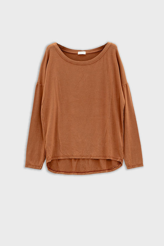 Boat neck long sleeve t shirt in modal in camel color | Just Cool Beans — tops