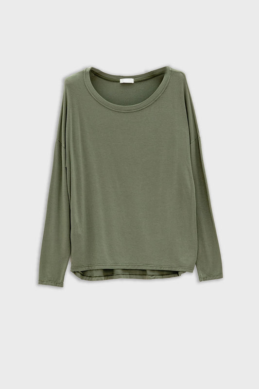 Boat neck long sleeve t shirt in modal in khaki color | Just Cool Beans — tops