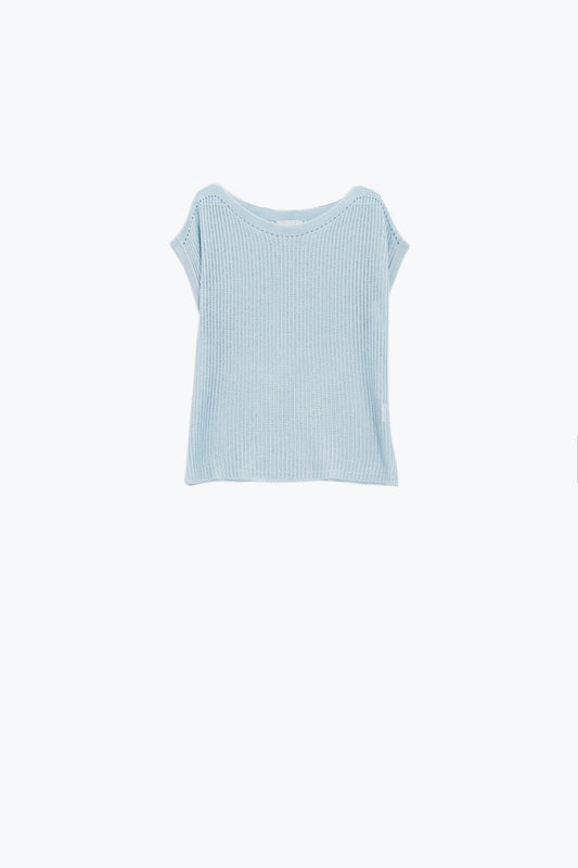 Boat neck ribbed sweater with cap sleeves in blue | Just Cool Beans — sweaters | tops