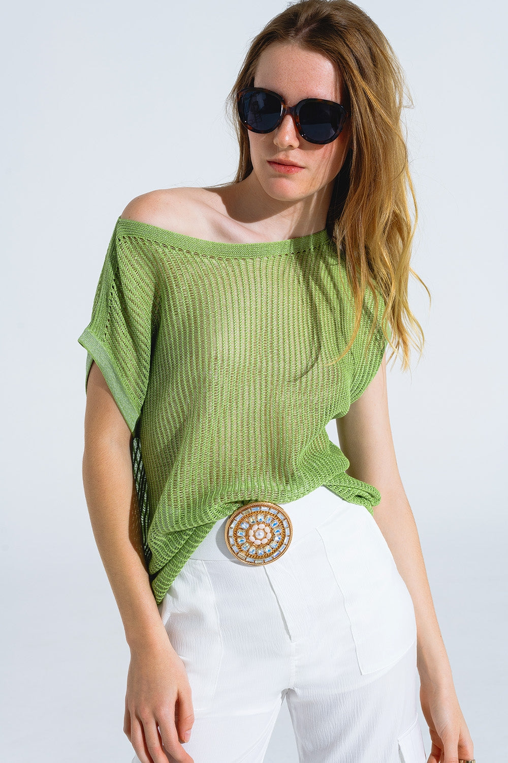 Boat neck ribbed sweater with cap sleeves in green | Just Cool Beans — sweaters | tops