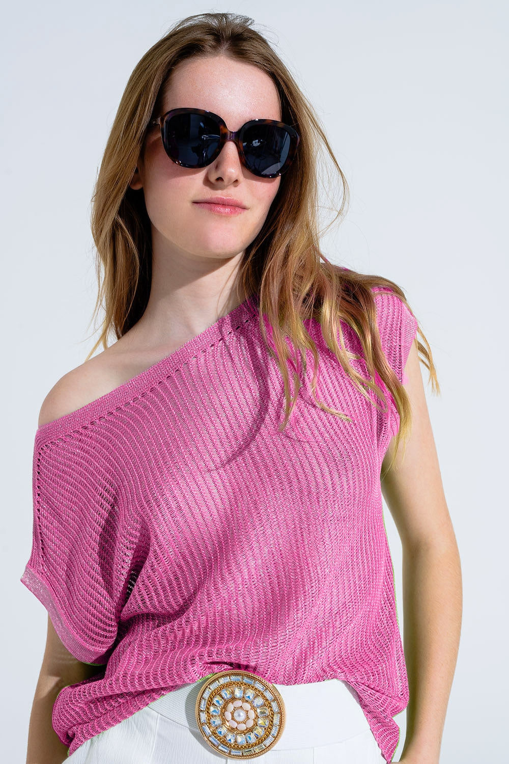 Boat neck ribbed sweater with cap sleeves in pink | Just Cool Beans — sweaters | tops
