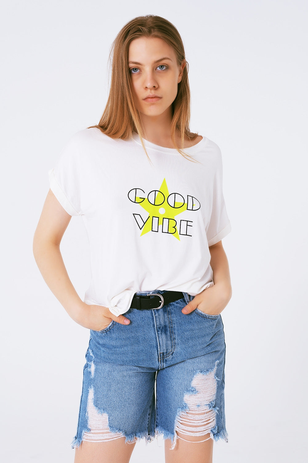 Boat neckline relaxed fit t-shirt fluor good vibe logo | Just Cool Beans — tops | relaxed fit