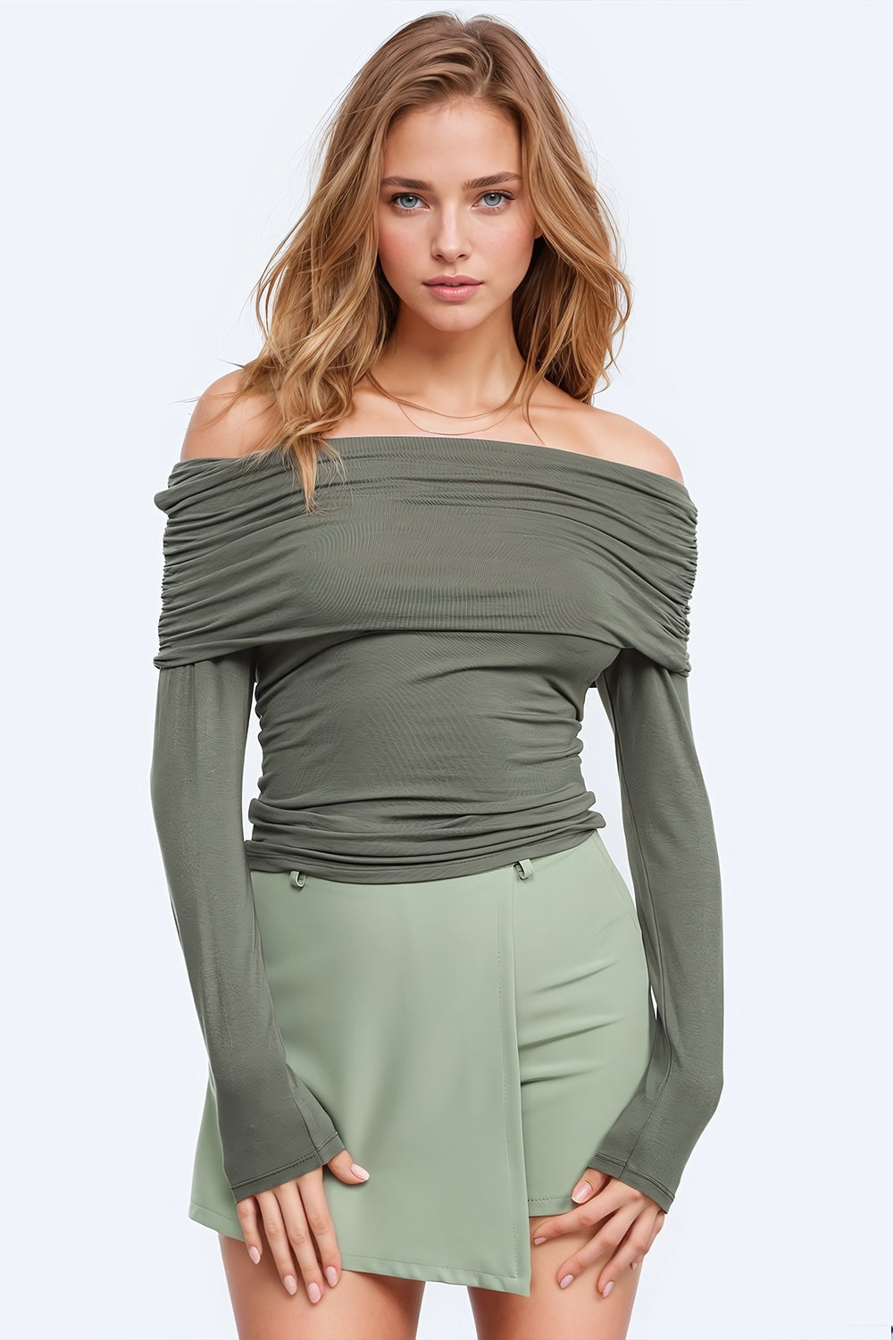 Bodycon off shoulder top in green khaki | Just Cool Beans — tops