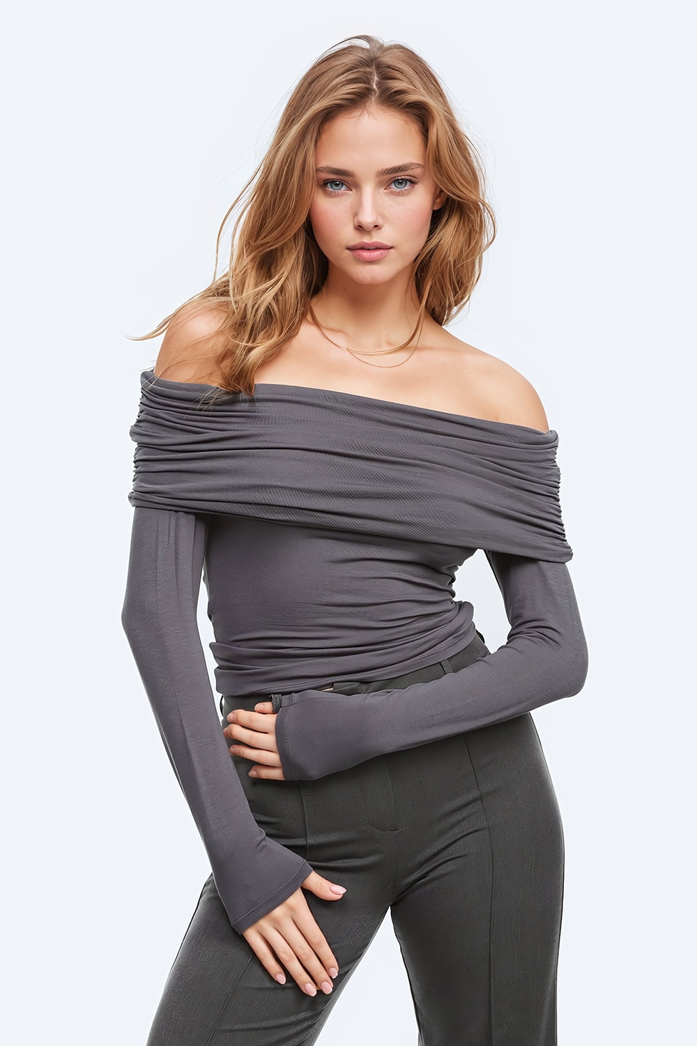 Bodycon off shoulder top in grey | Just Cool Beans — tops