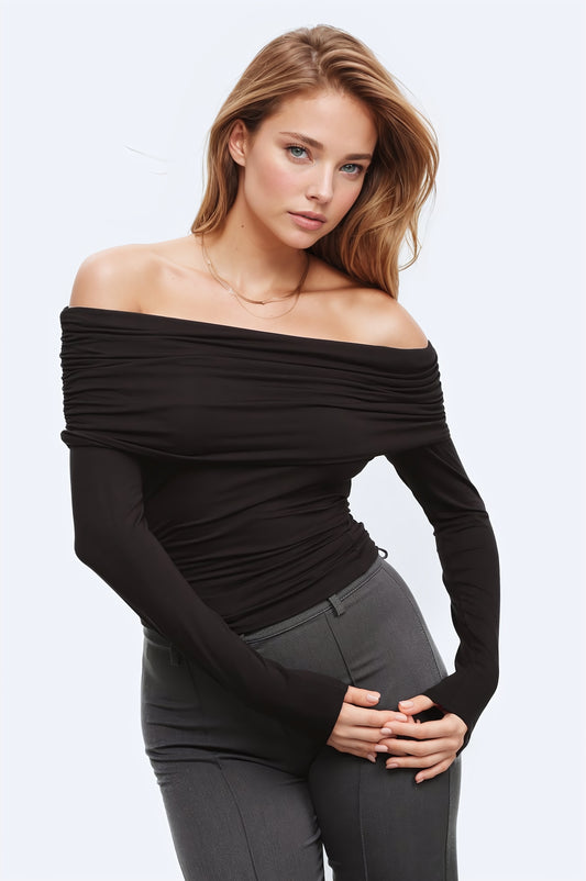 Bodycon off shoulder viscose top in black | Just Cool Beans — tops