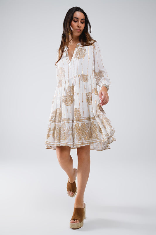 Boho long sleeve dress with leaf print and lurex details in white | Just Cool Beans — dresses