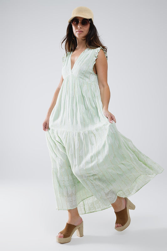 Boho maxi babydoll dress with leaf print and lurex in mint | Just Cool Beans — dresses