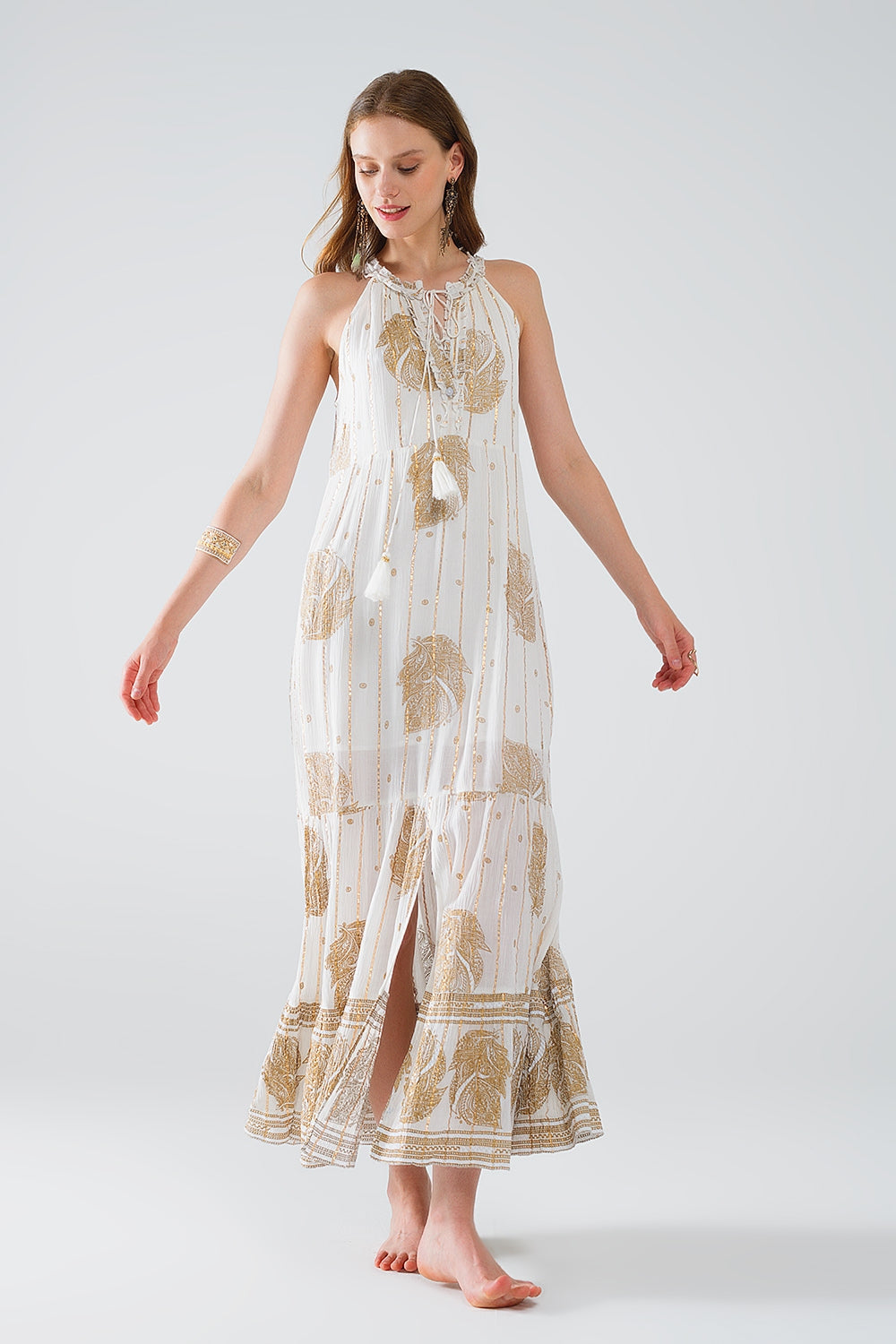 Boho maxi chiffon dress with gold flower print | Just Cool Beans — dresses