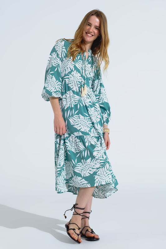 Boho maxi dress with balloon sleeves and leaf print in green | Just Cool Beans — dresses