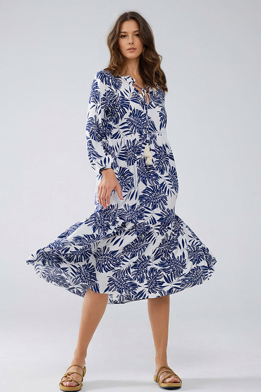 Boho maxi dress with balloon sleeves and leaf print in navy and white | Just Cool Beans — dresses