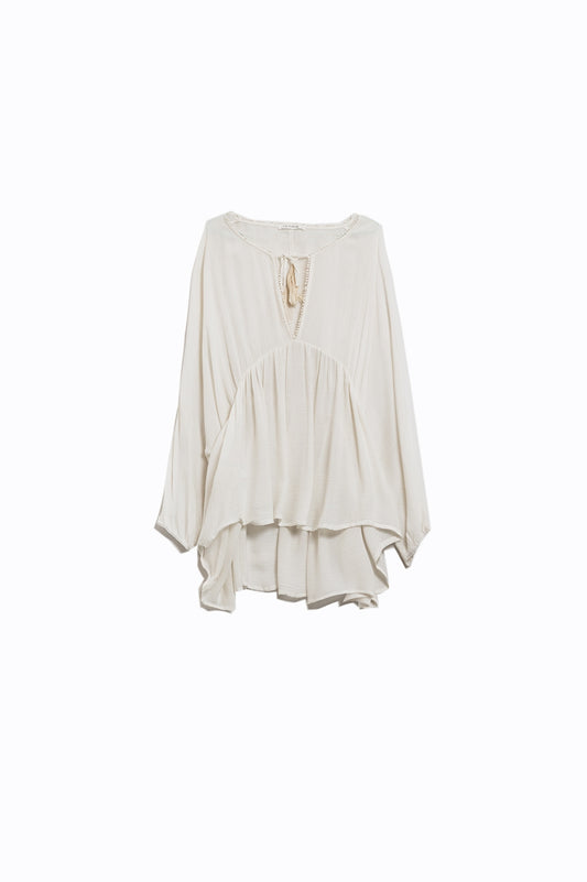 Boho white short dress with long sleeves and ruched detail | Just Cool Beans — dresses | bottoms