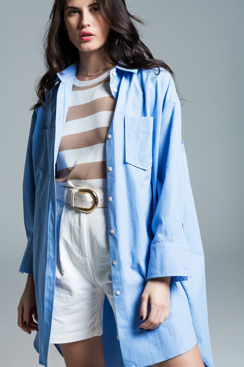 Boyfriend cut shirt with 3/4 sleeve in baby blue | Just Cool Beans — shirts | nan