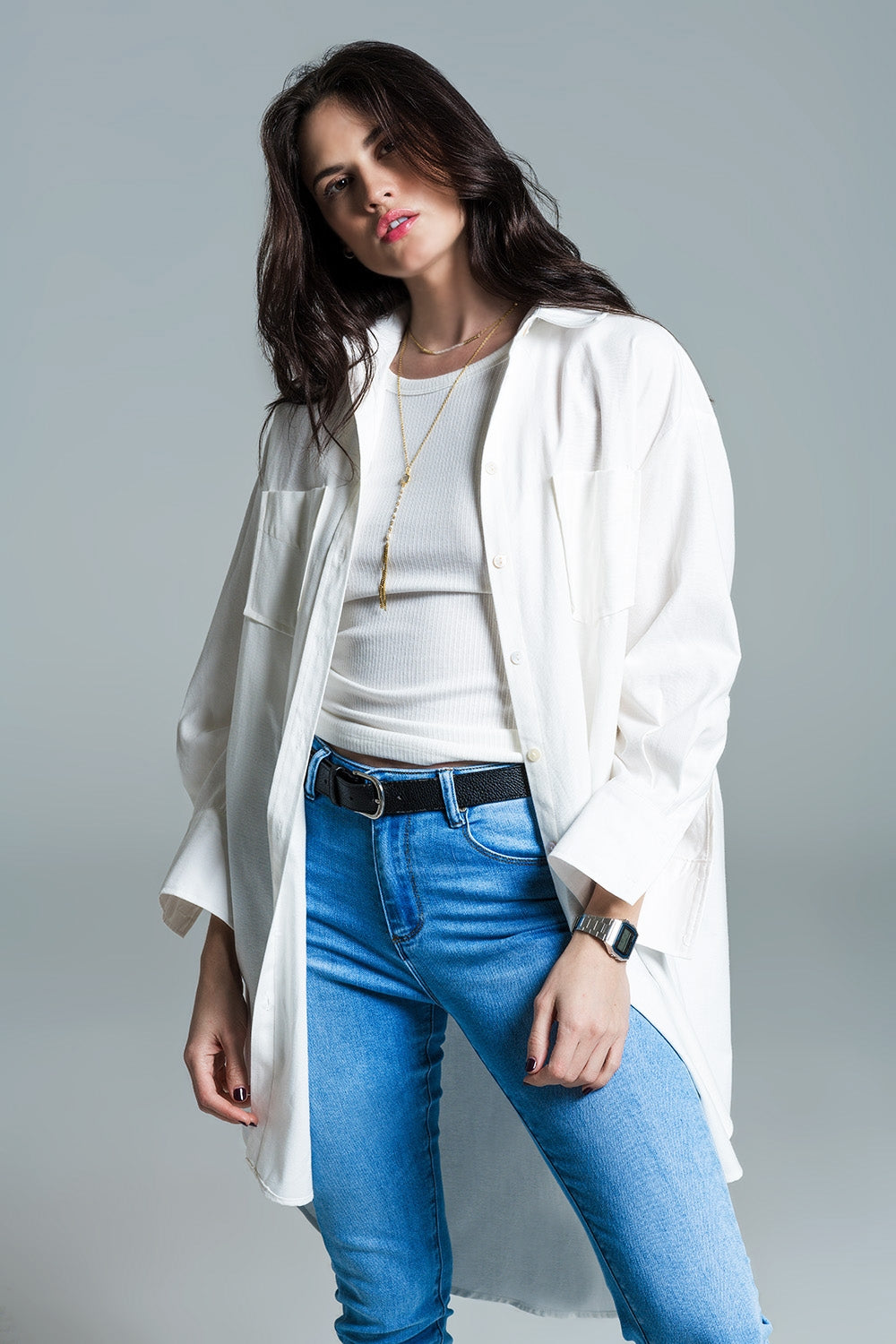 Boyfriend cut shirt with 3/4 sleeve in white | Just Cool Beans — shirts | nan