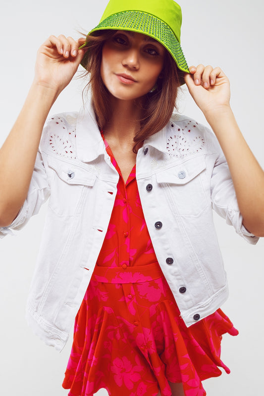 Broderie denim jacket in white | Just Cool Beans — coats and jackets | jackets