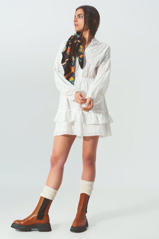 Broderie mini dress with ruffles in white | Just Cool Beans — dresses