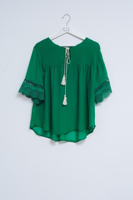 Broderie tie front blouse in green | Just Cool Beans — shirts | tops