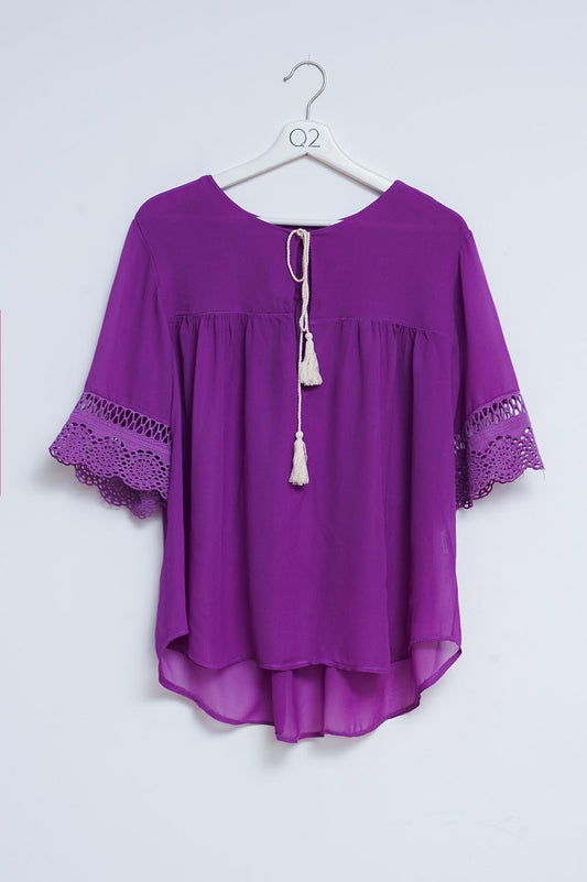 Broderie tie front blouse in purple | Just Cool Beans — shirts | tops