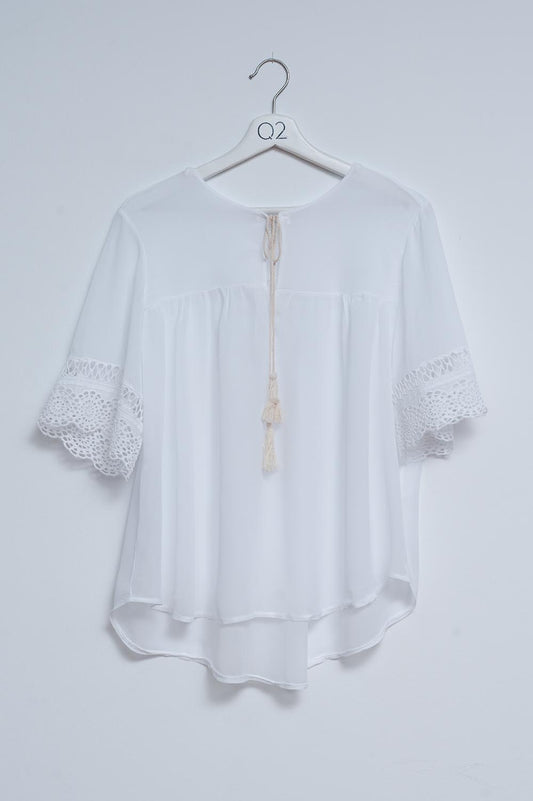 Broderie tie front blouse in white | Just Cool Beans — shirts | tops