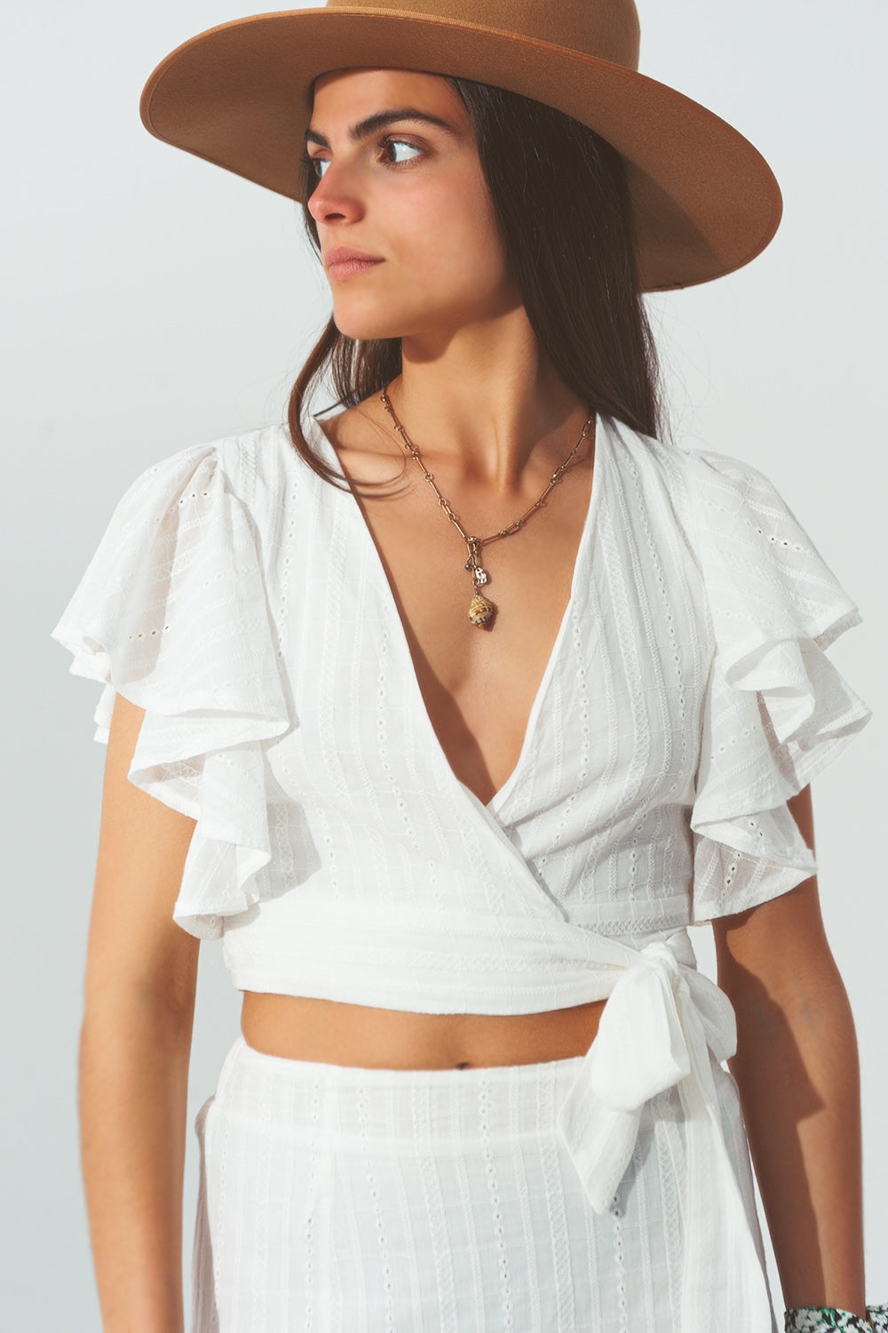 Broderie wrap crop top in white | Just Cool Beans — shirts | tops