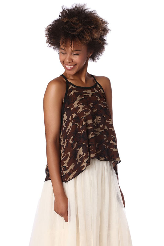 Brown camo print dip hem top | Just Cool Beans — shirts | tops