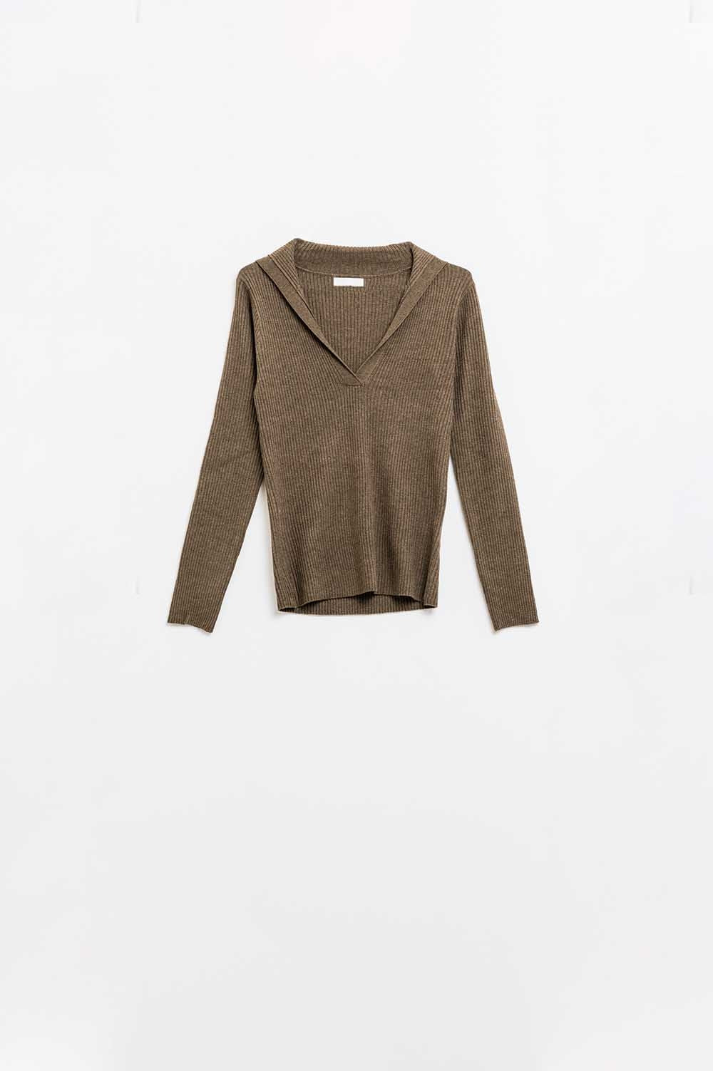 Brown collared rib top with long sleeves | Just Cool Beans — sweaters | tops