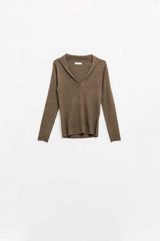 Brown collared rib top with long sleeves | Just Cool Beans — sweaters | tops
