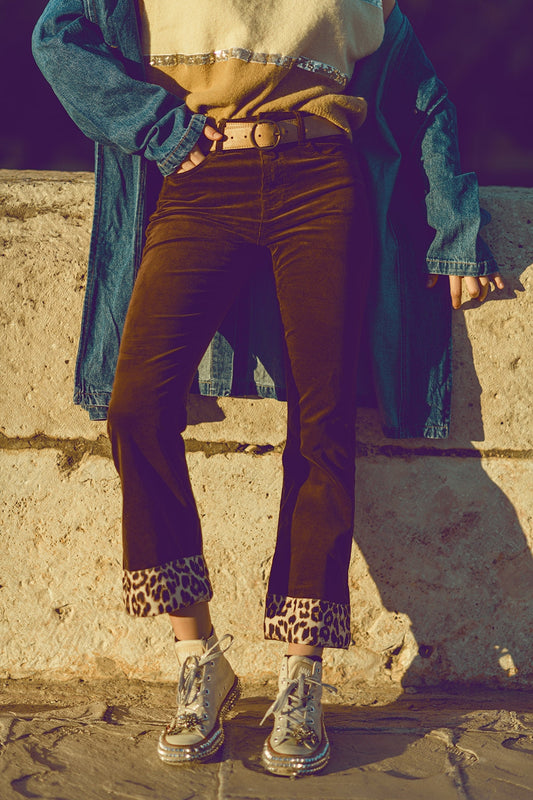 Brown corduroy flare pants with leopard print at the bottom | Just Cool Beans — pants | bottoms
