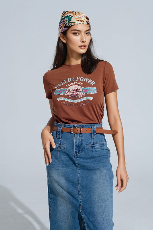 Brown crew neck t-shirt with graphic print | Just Cool Beans — tops