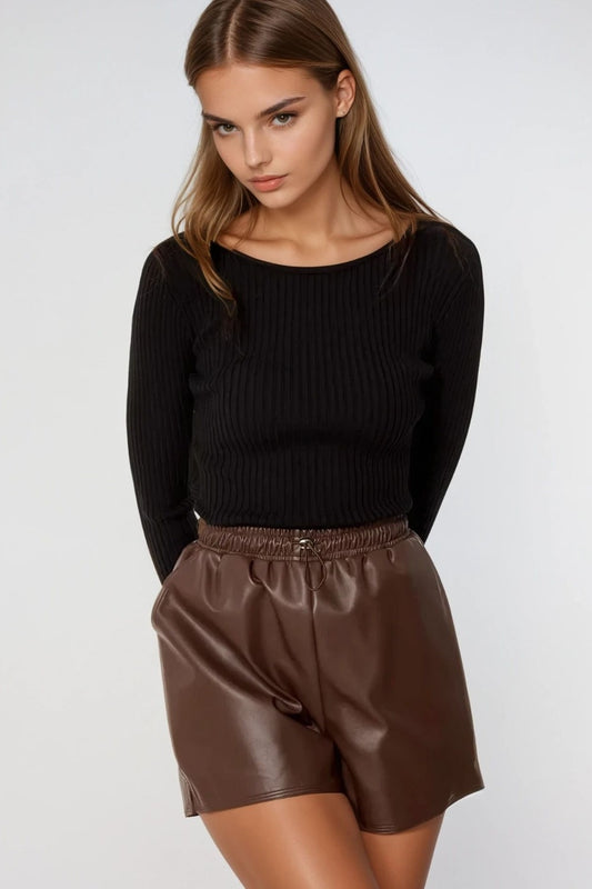 Brown faux leather shorts with gathering at the waist with drawstring | Just Cool Beans — pants | bottoms